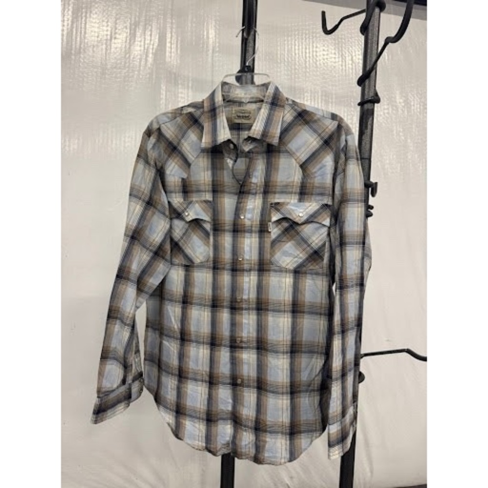 Vintage Levi Strauss Mens Western Pearl Snap Shirt Plaid Blue Tan Large Korea